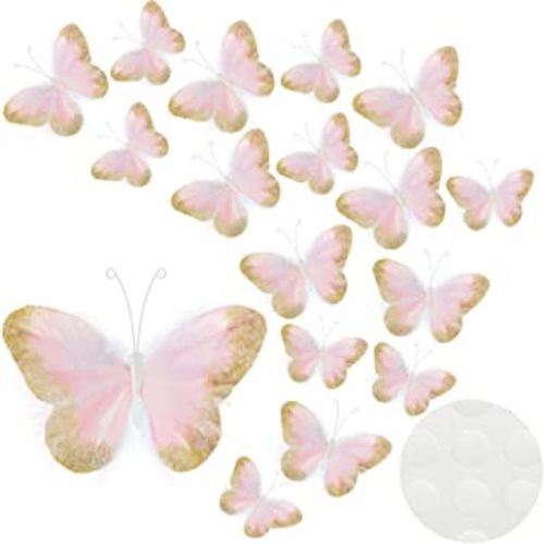 16 Pieces Feather 3D Butterfly Wall Decals Gold Glitter Butterfly Decor Stickers for Room Offices Bedroom Bathroom Living Room Decor(Light Pink)