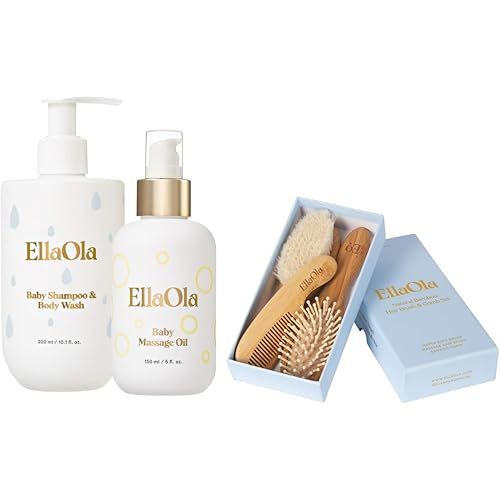 Luxurious Baby Bath Time Bundle | Set includes - Organic, Tear Free Shampoo & Body Wash + Moisturizing Massage Oil + Natural Bamboo Hair Brush and Comb Set for Babies, Infants, & Toddlers