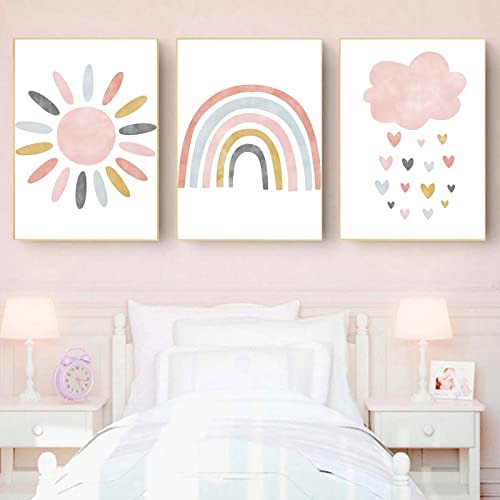 Recrtain Child Canvas Wall Art Pink Cartoon Cloud Sun Rainbow Wall Art Posters and Prints, Nursery Art Print Rainbow Canvas Painting Nordic Picture for Girls Baby Kids Room Decor Unframed