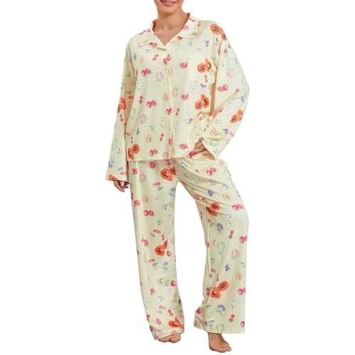 Women 2 Piece Floral Pajama Set Button Down Long Sleeve Wide Leg Fruit Set Cute Pjs Y2K Loungewear Sleepwear S-XL