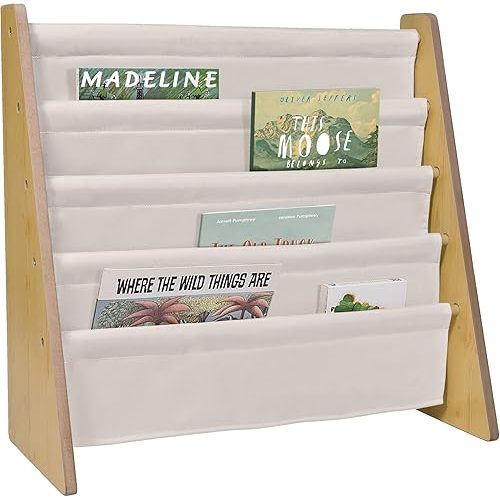 Wildkin Kids Premium Canvas Sling Bookshelf for Boys & Girls, Wooden Design Features Four Fabric Shelves, Keep Bedrooms, Playrooms, & Classrooms Organized, Measures 25 x 24 x 11 Inches -Natural w/Tan