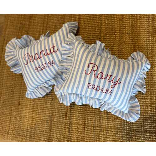 Heirloom Embroidered Name Cushion in Ruffle Blue Stripe