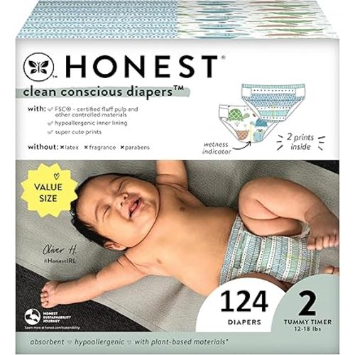 The Honest Company Clean Conscious Diapers for Sensitive Skin | Hypoallergenic, Fragrance Free | Gender Neutral Printss | Super Club Box, Size 2 (12-18 lbs), 124 Count