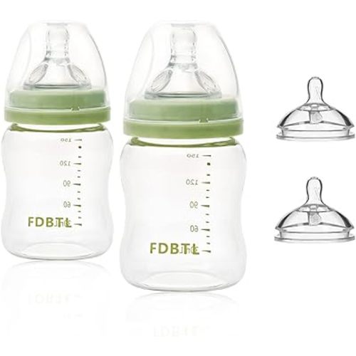 Baby Bottle Glass Wide Neck, Closer to Breastfeeding, Slow Flow Nipple, Anti-Colic, 4 Ounce, 2 Count