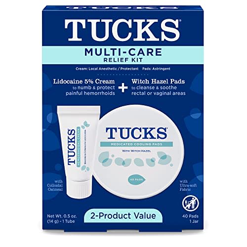 Tucks Multi-Care Relief Kit – 40 Count Witch Hazel Pads & 0.5 oz. Lidocaine Cream - Hemorrhoid Pads with Witch Hazel, Protects from Irritation, Hemorrhoid Treatment, Medicated Pads Used by Hospitals