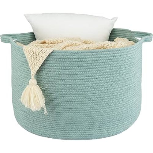 Large Cotton Rope Basket – 22"x14" Woven Storage Basket for Blankets, Toys, Laundry, and Nursery – Round Baskets for Living Room, Kids, and Pets Light Green