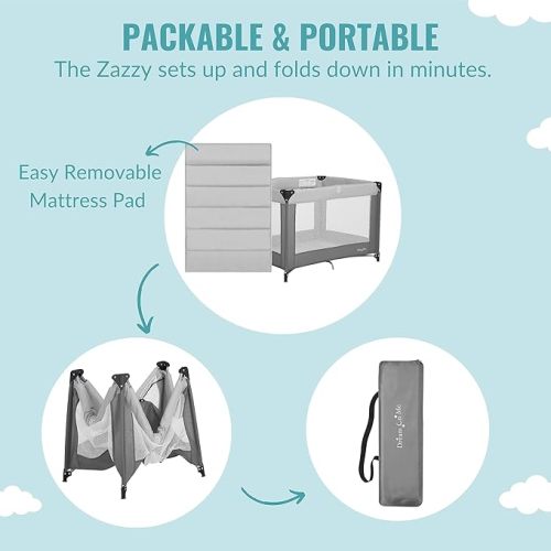 Dream On Me Zazzy Portable Playard with Bassinet in Grey, Packable and Easy Setup Baby Playard, Lightweight and Portable Playard for Baby with Mattress and Travel Bag