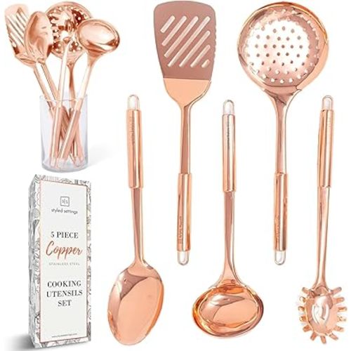 Copper Cooking Utensils Set – 5-Piece Rose Gold Stainless Steel Kitchen Tools for Cooking and Serving Includes Ladle, Spoon, Pasta Fork, Spatula, and Skimmer – Stylish Copper Kitchen Accessories