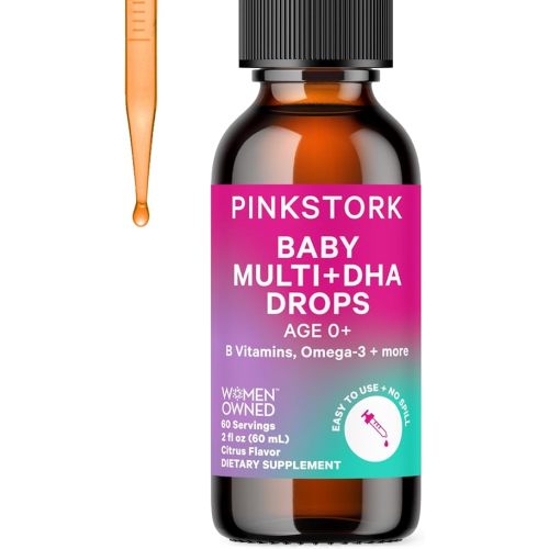 Pink Stork Baby Liquid Multivitamin Drops, Baby & Toddler Vitamin Drops with DHA, Vitamin C, D, B12 and Choline to Support Brain Health and Immune Function - 2 fl oz, 2 Month Supply