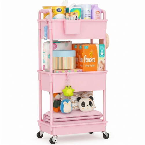 SUNALLY Baby Diaper Caddy Organizer Cart, 3-Tier Rolling Utility Cart with Lockable Wheels for Nursery Essentials, Large Capacity Mobile Storage Carts for Newborn, Pink