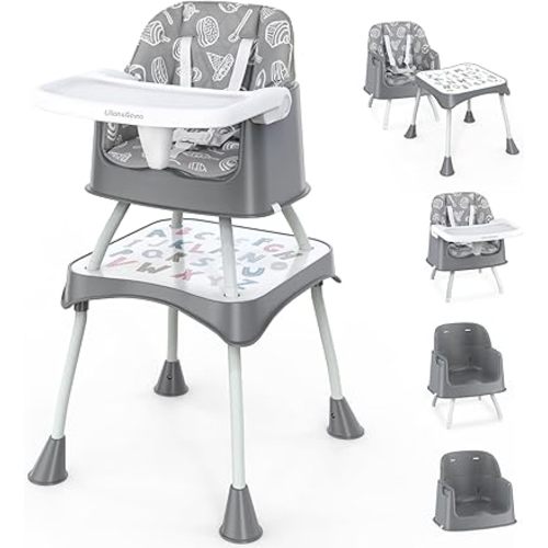 Lilian&Gema 6 in 1 Baby High Chair, Convertible Highchair for Babies and Toddlers, Table and Chair Set, with Safety Harness, Removable Tray Gray