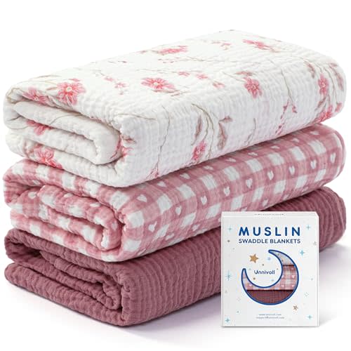 Unnivoll Muslin Swaddle Blankets for Newborns, 100% Cotton Receiving Blankets, Large 38 x 40 inches Baby Swaddle Blanket for Baby Boys and Girls, Soft Breathable Infant Baby Essentials 3 Pack Pink