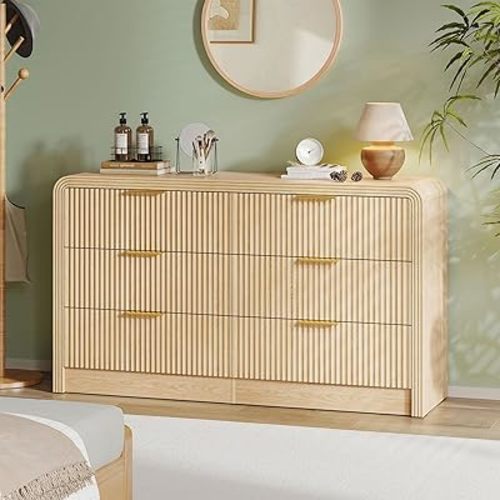 Fluted 6 Drawers Dresser for Bedroom,55'' Wide Wood Dressers with Gold Handles, Modern Dressers with Wave Texture, Large Storage Chest of Drawers, Bedroom Dresser Organizer (Natural Oak)