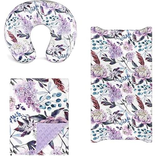 Baby Blankets, Floral Toddler Blanket for Boys Girls, Dotted Backing, Double Layer, Crib Receiving Blanket, Nursing Pillow Cover, Stretchy Fitted Changing Pad Sheets for Changing Pads Liners, Purple