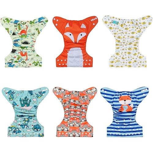 ALVABABY 6 Pack Cloth Diaper with 12 Inserts One Size Adjustable Washable Reusable Diaper Cover for Baby Girls and Boys