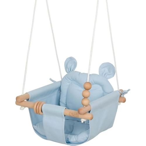 Monkey & Mouse Baby Swing, Pale Blue Indoor Outdoor Portable Hanging Chair - Infant & Toddler Kids 6 Months - 4 Years, Cotton Canvas & Beech Wood Frame, Sensory Hammock Boy & Girl Seat w/Wooden Toys