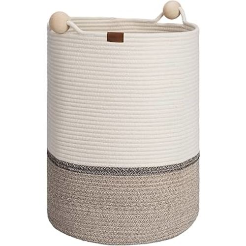 StorageWorks 58L Woven Laundry Basket with Wooden Beads Handles, Tall Storage Basket for Blanket, Dirty Clothes, Clothes Hamper, White & Light Brown