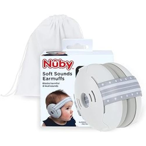 Nuby Soft Sounds Earmuffs - Adjustable Baby Earmuffs - Baby Essentials for Travel - White