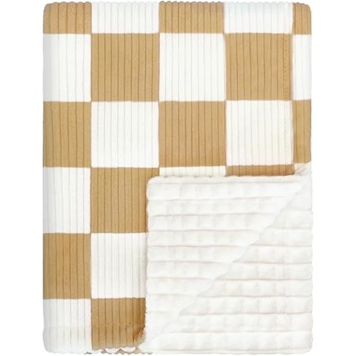 HOMRITAR Checkered Baby Blanket Comfy Corduroy Baby Blankets for Boys, Ultra Soft Cozy Warm Infant Toddler Newborn Receiving Blankets for Crib Stroller, 30 x 40 Inch, Brown