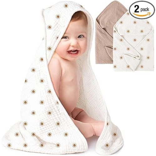 Konssy 2-Pack Muslin Hooded Baby Towels, 100% Cotton, Ultra-Soft & Absorbent Baby Bath Towels with Hood for Newborn & Infant (Camel, Sun,32" x 32")
