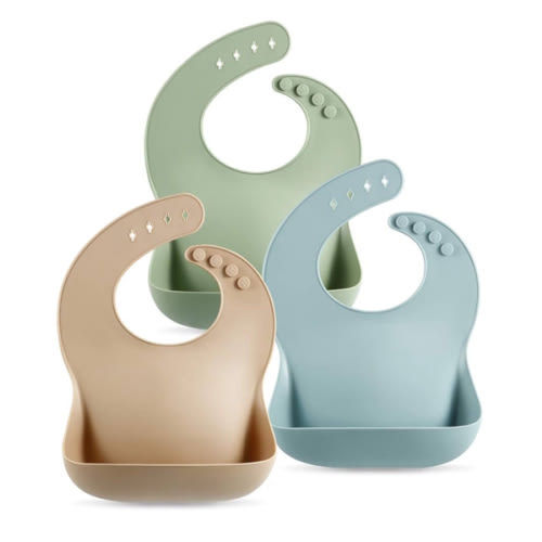 PandaEar Set of 3 Silicone Baby Bibs Waterproof, Soft, Unisex, 10-72 Months (Brown/Blue/Green)
