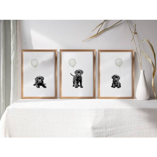 Set of 3 BLACK LABRADOR nursery prints, Black Lab puppies with sage green balloons, Puppy Nursery Decor, Printable Puppy Wall Art