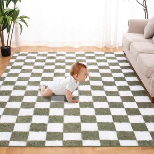 Super Soft Rug for Bedroom, 5x7 Ft Green and White Area Rug Classic Checkered Shaggy Rug Anti-Skid High Pile Soft Fluffy Rug Fuzzy Carpet for Living Room Bedroom Kids Room Nursery, Dorm Home Decor