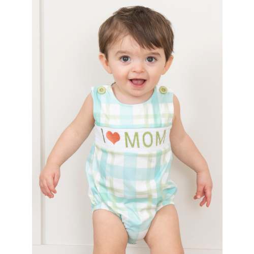 I Love Mom Plaid Smocked Bubble