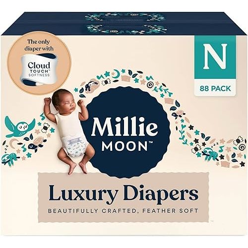 Millie Moon Luxury Diapers – Ultra Soft Cloud Touch Disposable Diapers with 12 Hour Absorbency & Wetness Indicator (N - 88ct)