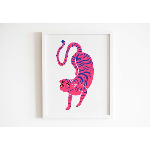 Tiger Art Print - 8x10 Illustration - Living Room or Kid&#39;s Nursery Wall Decor - Boys and Girls - Pink and Blue