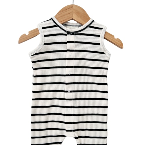 Organic Waffle Easy Romper, Black Stripe