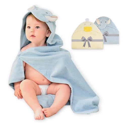Viviland 2 Pack Hooded Baby Towels, Soft 100% Cotton Baby Bath Towels with Hood, Extra Thick and Absorbent, Essential for Newborns, Kids, Infants - Girls and Boys (Blue Elephant & Duck)