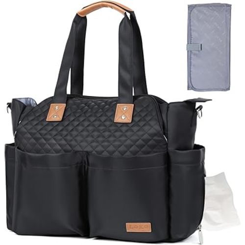 Lekebaby Diaper Bag Tote, Large Diaper Bags Waterproof,Large Mommy Bag for Hospital, Baby Bags for Mom Travel Diaper Tote Messenger Purse, Quilted Black
