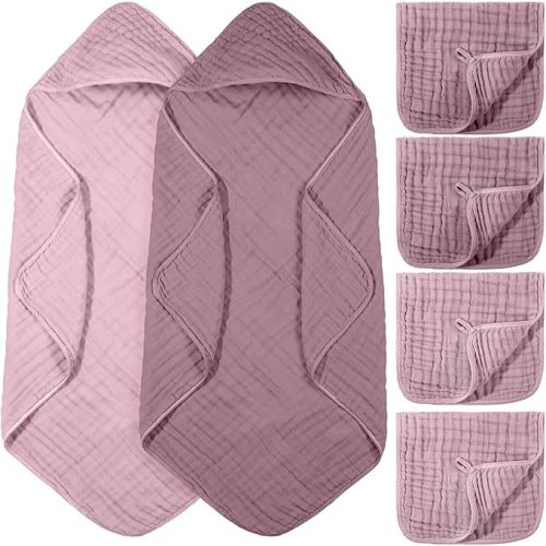 6 Pcs Baby Muslin Hooded Bath Towels and Washcloths, Muslin Hooded Baby Towels Absorbent Blankets for Gift Newborn Infant Shower (Mauve,Peach Pink)