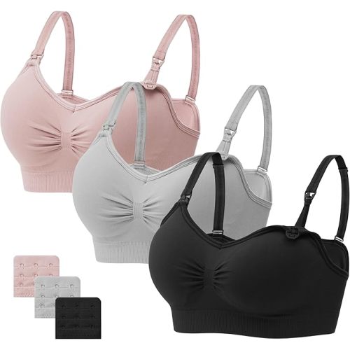Angelhood Womens Seamless Sleep Nursing Bra,Breastfeeding Maternity Bra with Remove Bra Pads Extenders Pack of 3