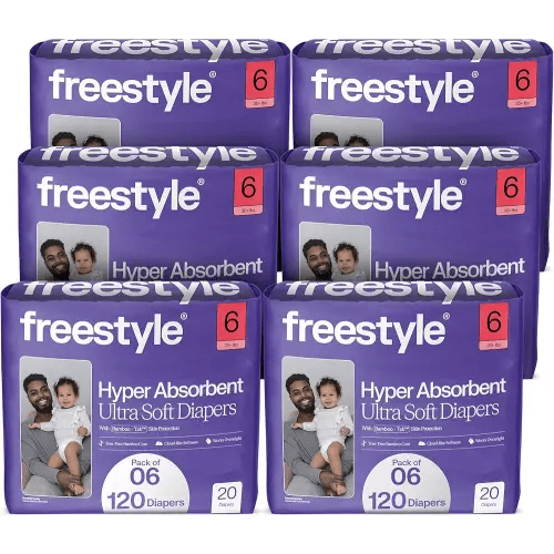 Freestyle BambooTek Diapers – (Size 6) Hyper Absorbent & Non-Toxic – Disposable Diapers for Sensitive Skin – Ultra Soft Diapers (35+ lbs) – 120 Count