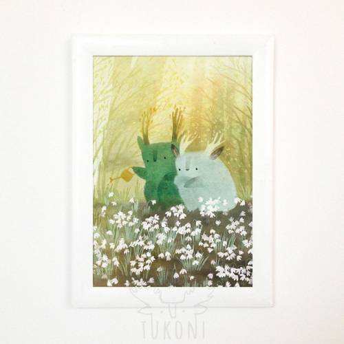 Poster Tukoni water wild flowers snowdrops art print spring illustration easter animal poster animal nursery forest friends deer poster art
