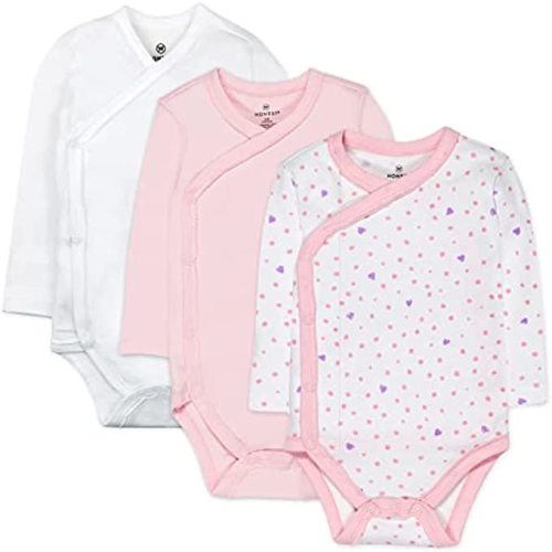 Newborn HonestBaby unisex-baby 3-pack Long Sleeve Side-snap Kimono Bodysuits Organic Cotton for Infant Baby Boys, Girls, Unisex - Newborn - Love Dot