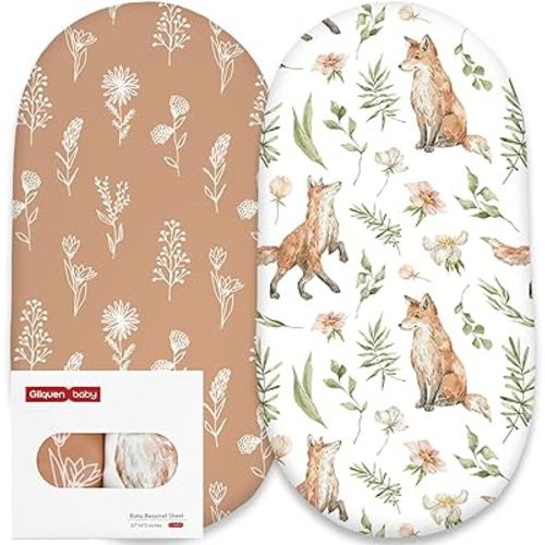 Gllquen Baby Bassinet Sheets 2 Pack, Breathable Cozy Fitted Mattress Sheet, Elastic Travel Crib Fashionable Floral Pattern, Standard Cradle Safe Sheets for Baby Boy Girls 33"X17" (Fox)