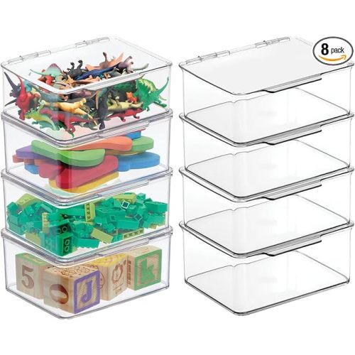 mDesign Plastic Playroom/Gaming Storage Organizer Box Containers, Hinged Lid for Shelves or Cubby, Holds Small Toys, Building Blocks, Puzzles, Markers, Lumiere Collection, 8 Pack, Clear