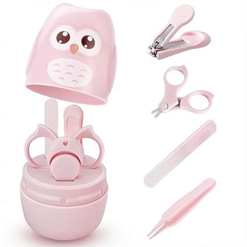 Baby Nail Kit with Cute Owl Case – Newborn Manicure & Pedicure Set with Nail Clipper, Scissors, File & Tweezers for Infant and Toddler Care (Gift for Mom) (Pink)