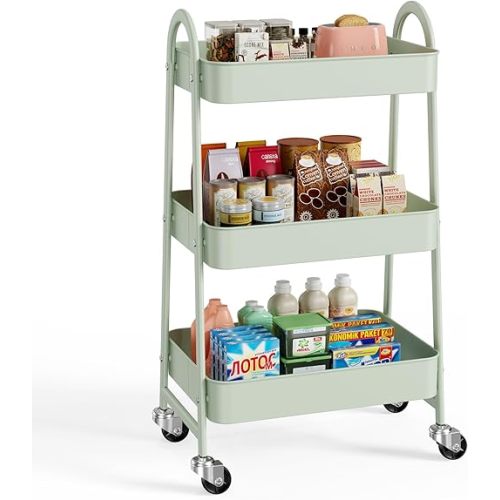 Sweetcrispy 3 Tier Metal Storage Utility Cart with Wheels, Kitchen Organizer Trolley Rolling Bathroom Laundry Room Bar Office Shelves Mobile Shelving Unit Caster for Snack Bedside Narrow Places, Green