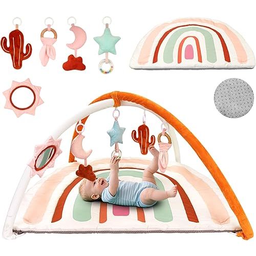 Baby Play Gym & Washable Activity Mat, Non Slip Bottom Tummy Time Mat with 5 Detachable Sensory Toys for Motor Skills, Newborn Infant Baby Essentials Shower Gift(Rainbow)