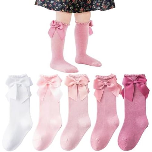 Baby Knee High Socks - Toddler Long Cotton Tube Stockings With Bow Ruffles for Girls - Infant Dress Socks