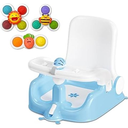 BabyBond Baby Bath Seat with Sitting & Lying 2 Modes, 3-Speed Adjustment, 3 Pcs Bath Toys, Infant Bathtub Chair with Powerful Suction Cups (Blue)