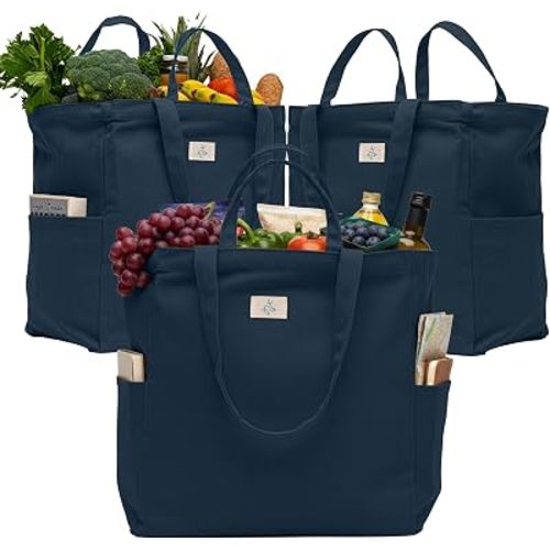 Nook Theory 3-Pack Reusable Grocery Bags - Heavy Duty, Large 12 Oz Cotton Canvas Reusable Shopping Bags With Pockets, 100% Cotton Cloth Grocery Totes, Foldable Multi Compartment (Deepblue)