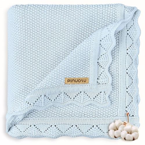 Knitted Baby Blanket for Boys & Girls, 100% Cotton Receiving Swaddle Crib & Stroller Blanket for Newborns, Infants, Toddlers, Blue, 40 x 31 Inches