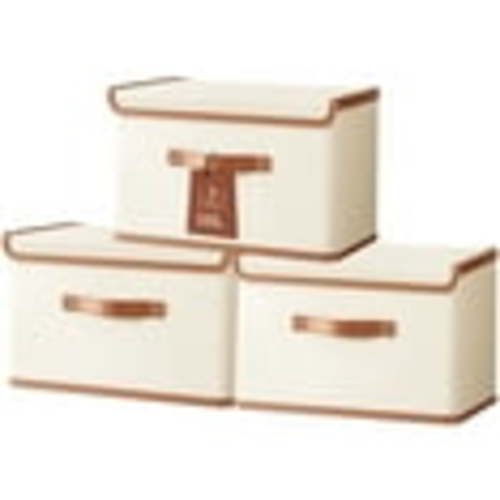 Large Closet Storage Bin with Lid, Domaci Foldable Fabric Storage Bins with Handles, Stackable, for Clothes, Shelf, Office, 3 Packs, Beige