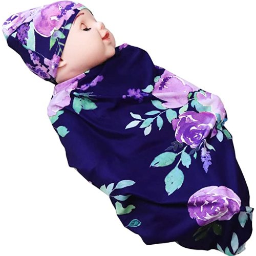 Newborn Swaddle Blanket with Beanie Set,Soft Stretchy Blanket for 0-3 Months Baby Boys and Girls(Purple Flower)