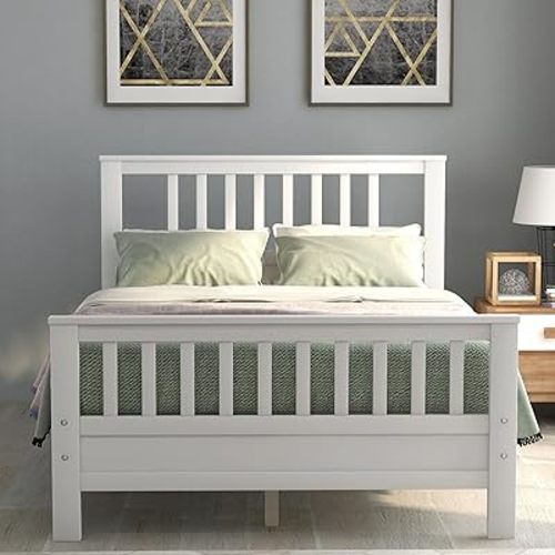 Harper & Bright Designs White Full Size Platform Bed Frame with Headboard and Footboard, Wooden Full Bed Frame with Sturdy Slat Support, Full Size Bed Frame for Bedroom, No Box Spring Needed (White)